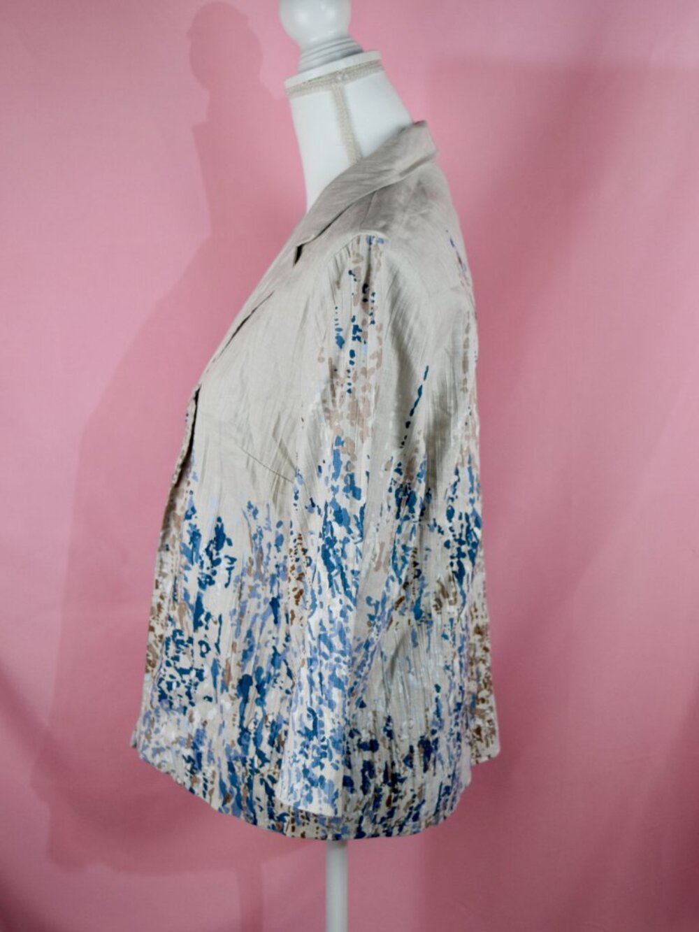 Coldwater Creek Tan & Blue Abstract Watercolor Linen Jacket | Size M - Picture 3 of 7